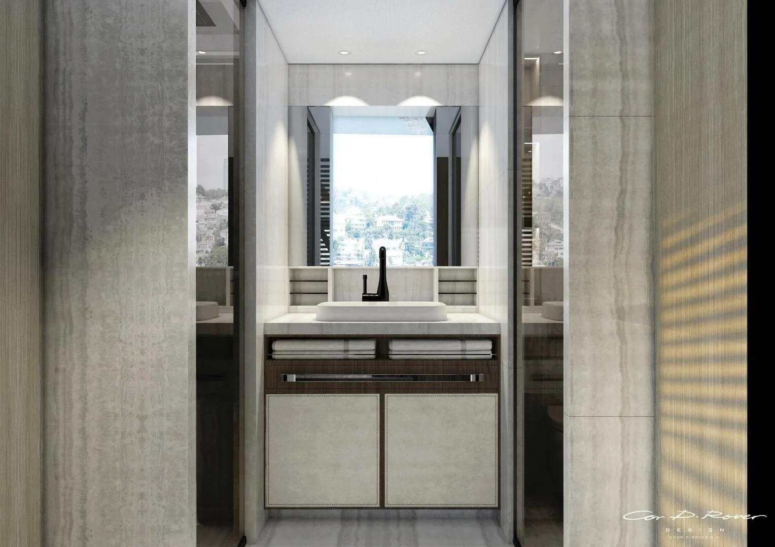 a bathroom with a large window aboard HORIZON II Yacht for Sale