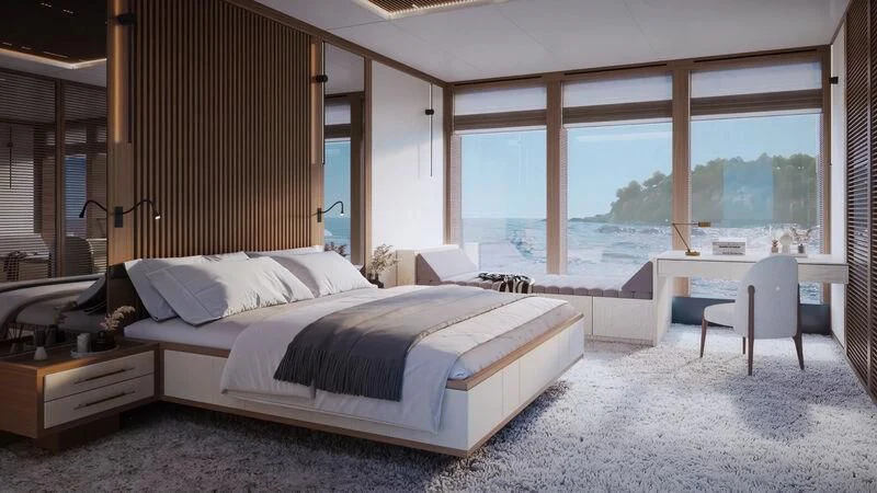 a large bed in a room aboard HORIZON II Yacht for Sale