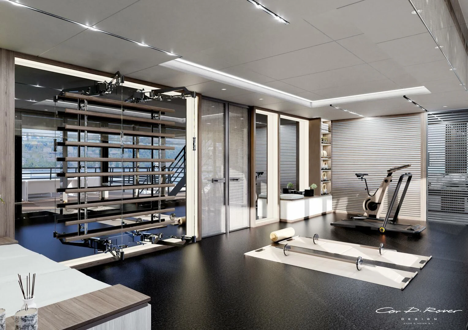 a room with a large display of equipment and a large window aboard HORIZON II Yacht for Sale