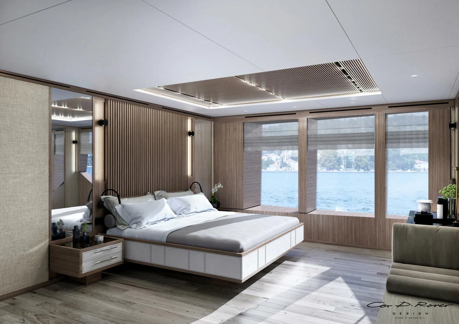 a bedroom with a large window aboard HORIZON II Yacht for Sale