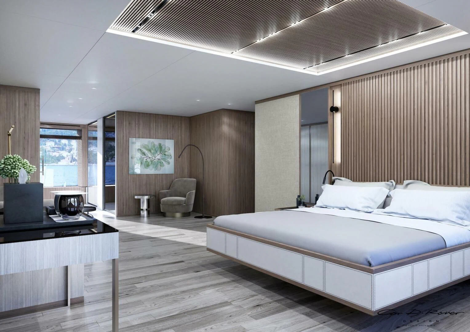 a large bedroom with a large bed aboard HORIZON II Yacht for Sale