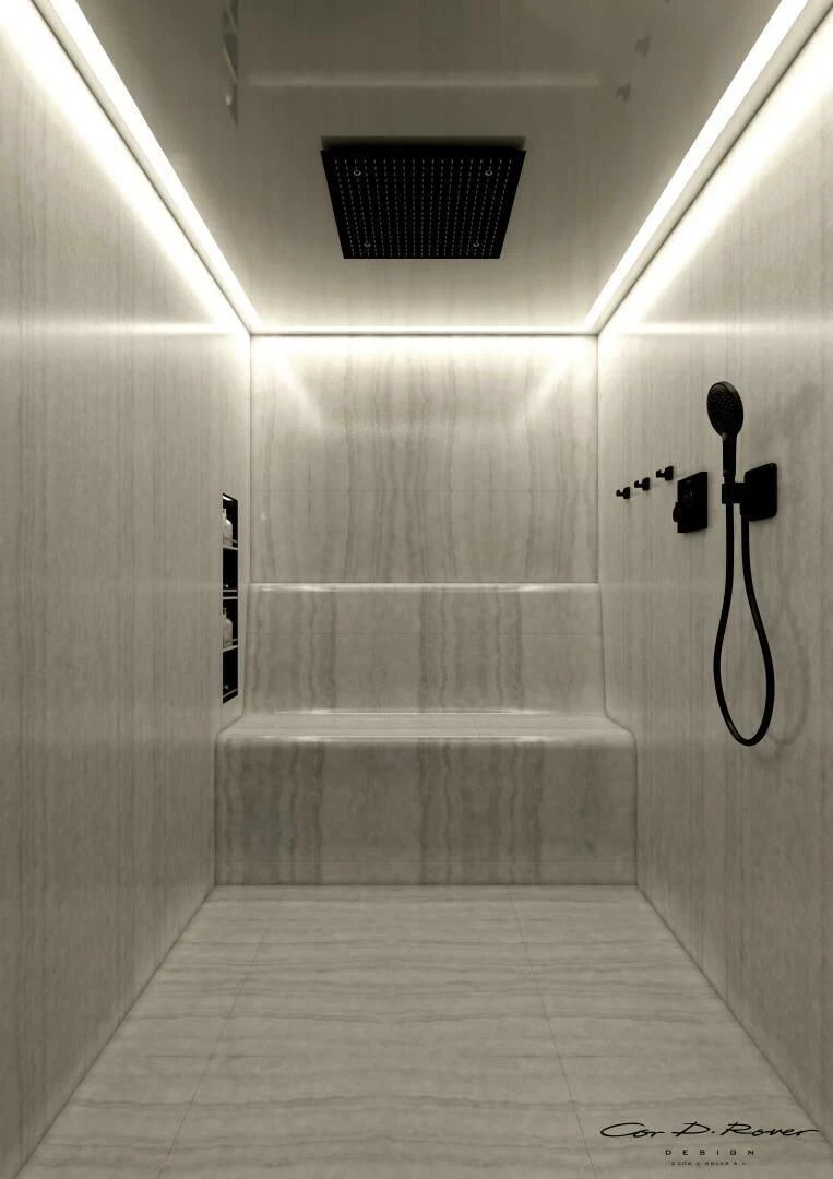 a bathroom with a shower aboard HORIZON II Yacht for Sale