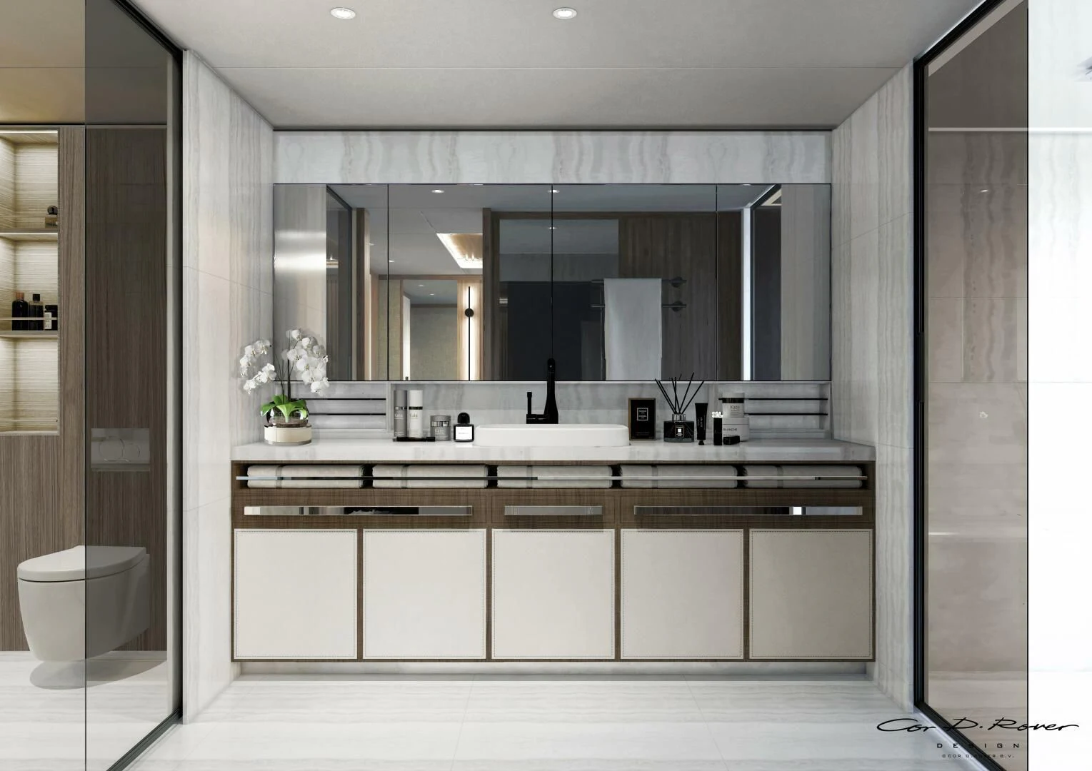 a bathroom with a large mirror aboard HORIZON II Yacht for Sale