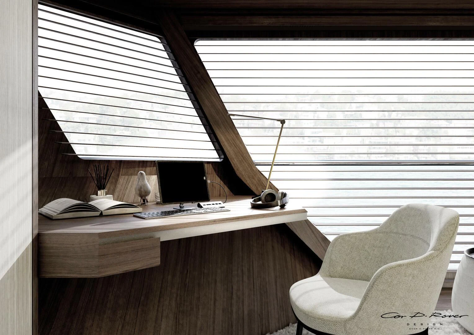 a desk with a computer and a chair aboard HORIZON II Yacht for Sale