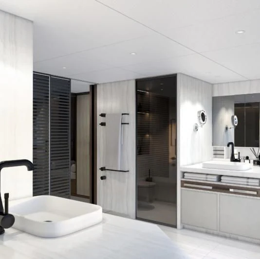 a bathroom with a sink and a shower unit aboard HORIZON II Yacht for Sale