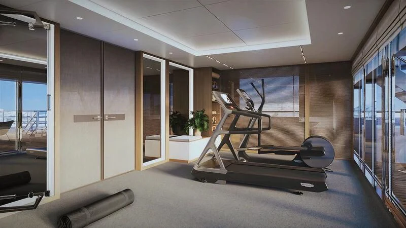 a large room with a bench aboard HORIZON II Yacht for Sale