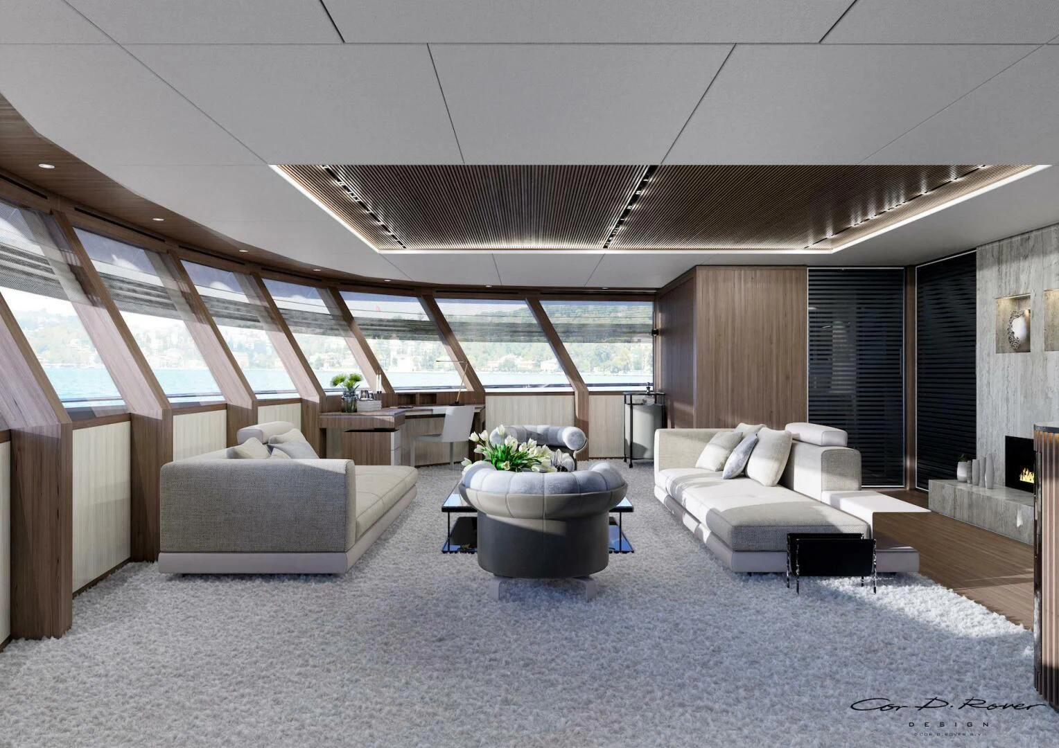 a large room with couches and a table aboard HORIZON II Yacht for Sale