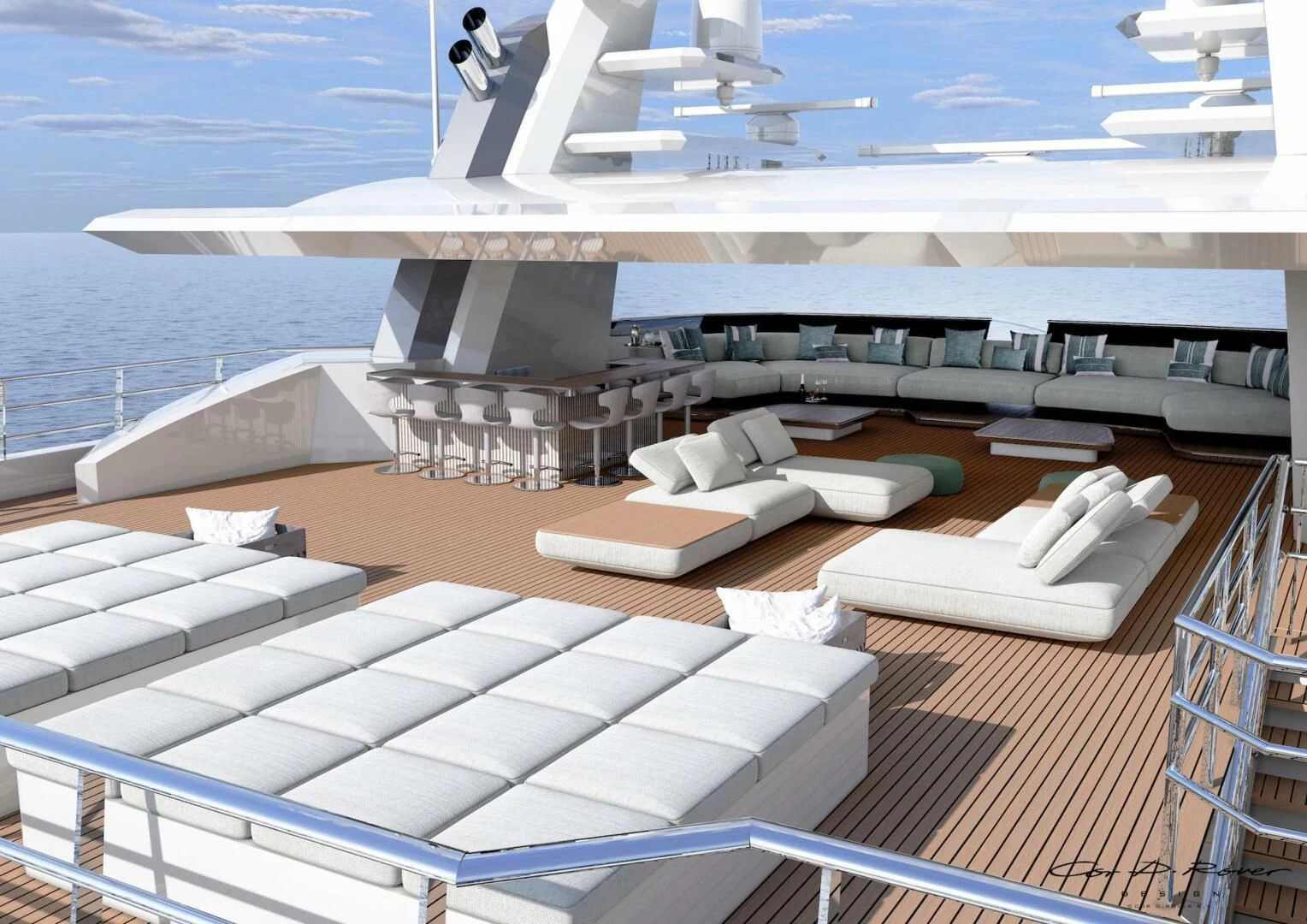 a deck with a deck and a view of the ocean aboard HORIZON II Yacht for Sale