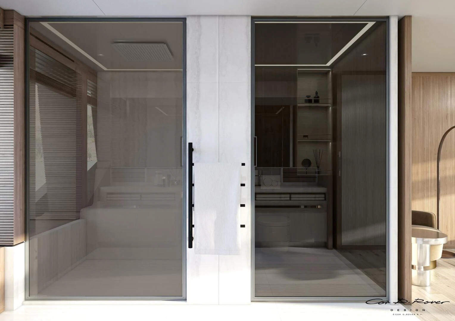 a room with a glass door aboard HORIZON II Yacht for Sale