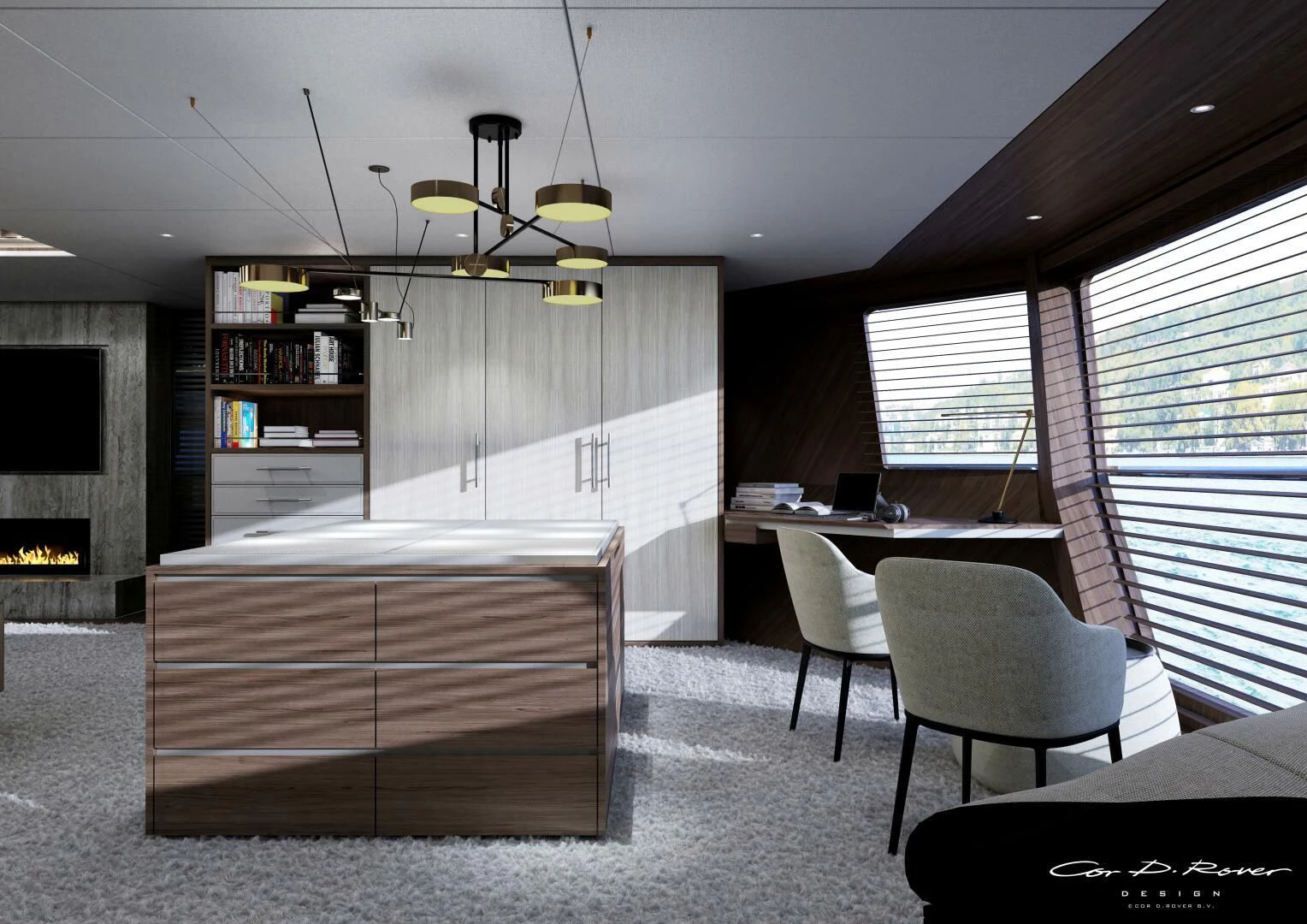 a room with a wood floor and a desk with a tv and a bookcase aboard HORIZON II Yacht for Sale