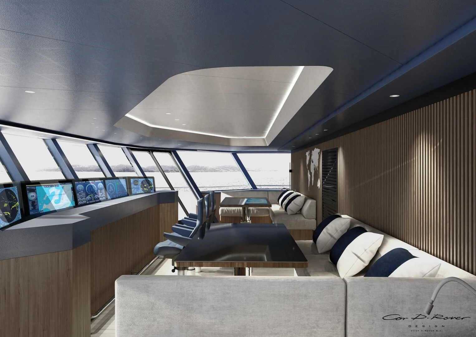 a room with a bed and a desk with a large ceiling aboard HORIZON II Yacht for Sale