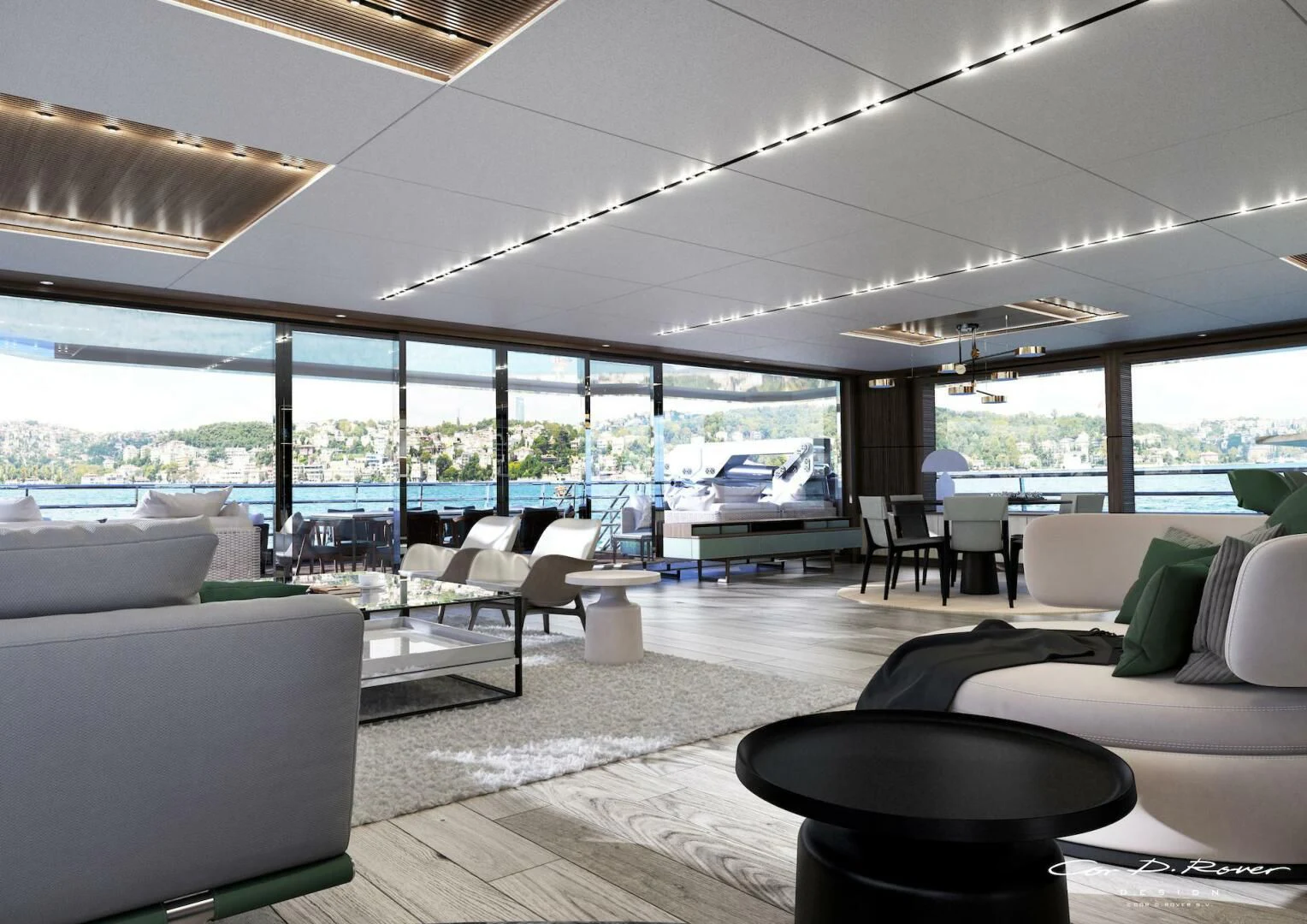 a room with couches and a table aboard HORIZON II Yacht for Sale