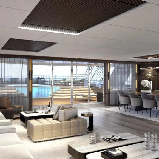 a living room with a large glass window aboard HORIZON II Yacht for Sale
