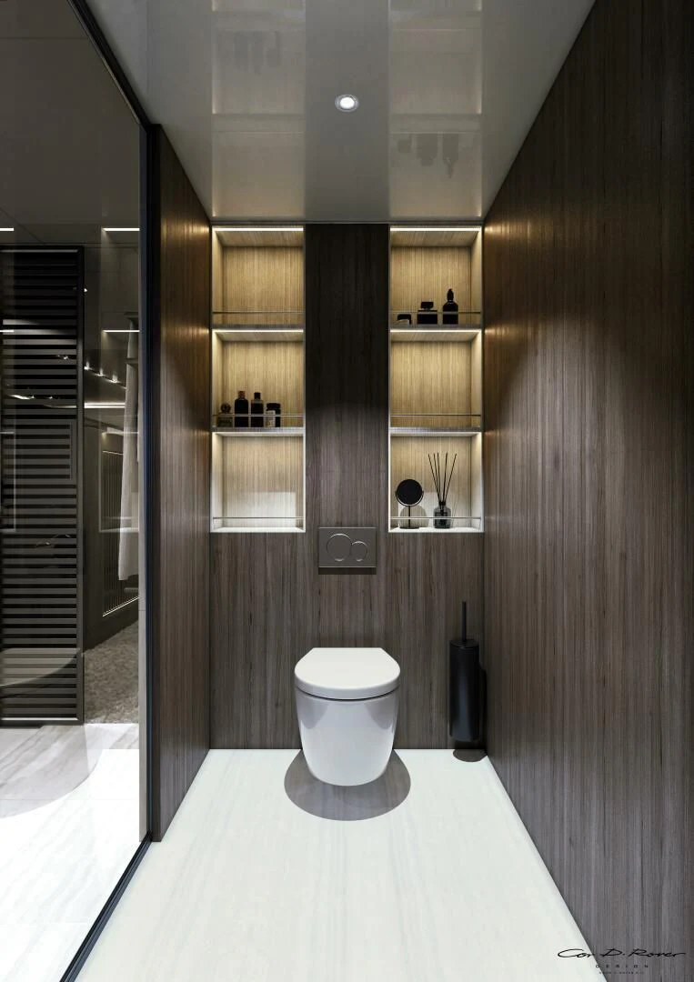 a bathroom with a glass door aboard HORIZON II Yacht for Sale