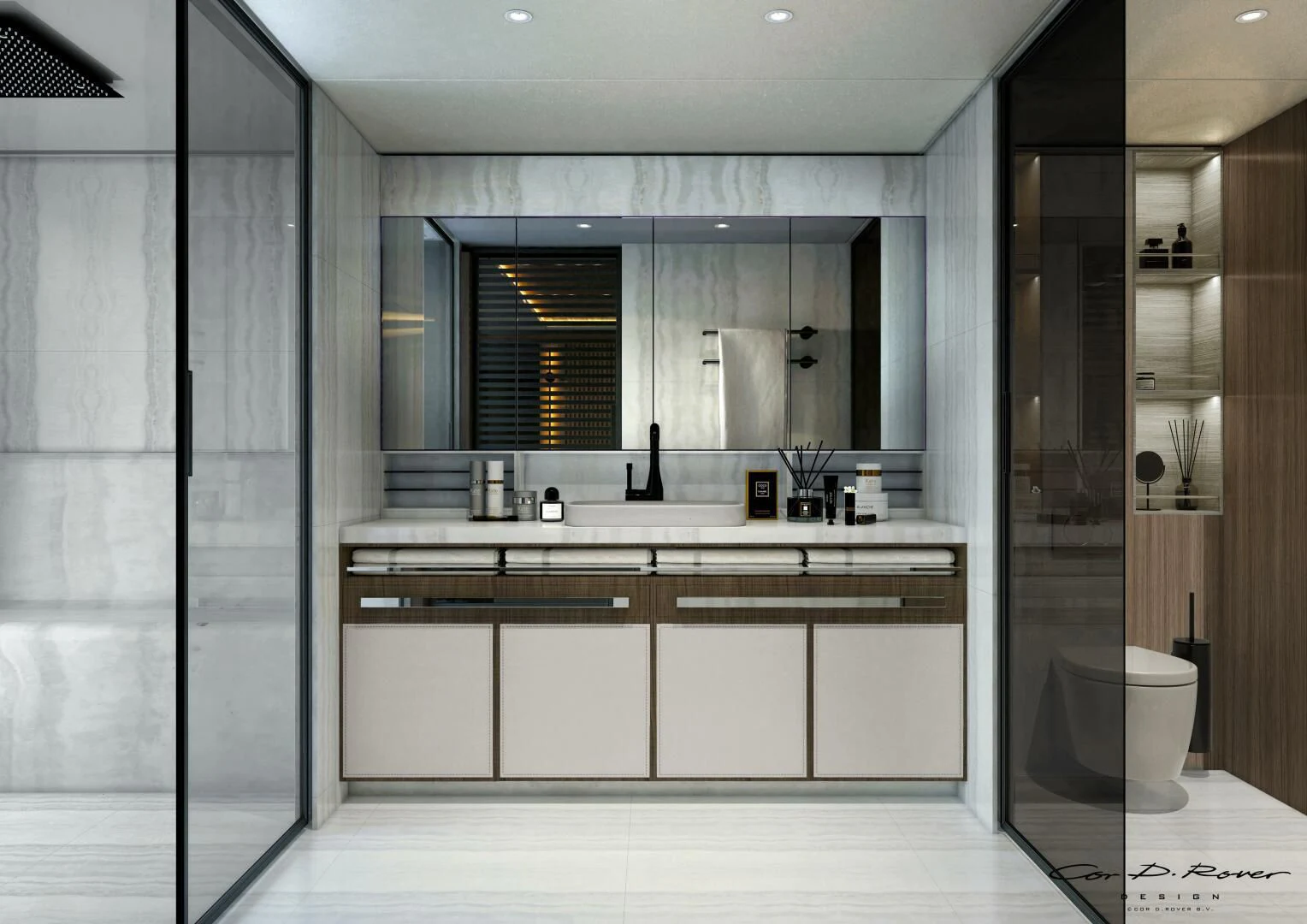 a bathroom with a glass shower aboard HORIZON II Yacht for Sale