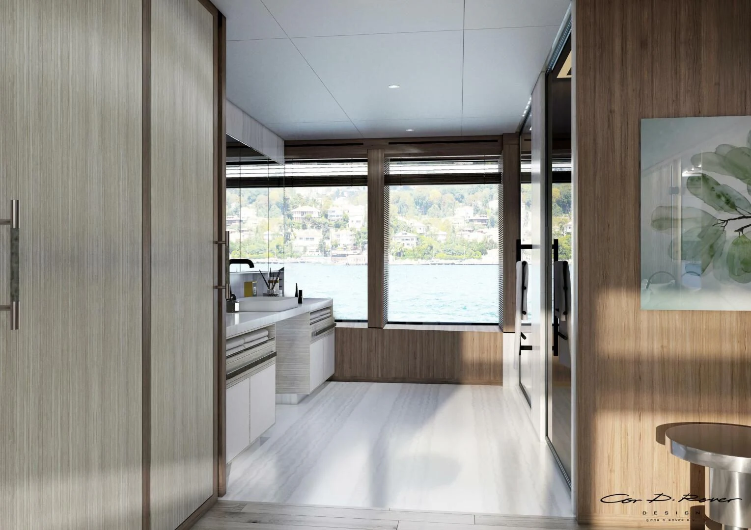 a large bathroom with a large window aboard HORIZON II Yacht for Sale