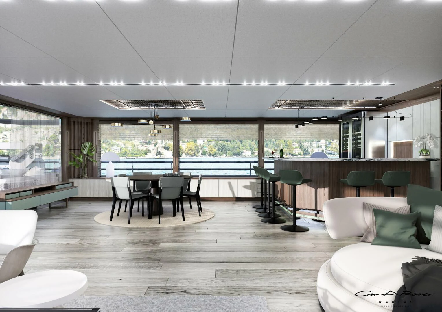 a room with a table and chairs aboard HORIZON II Yacht for Sale