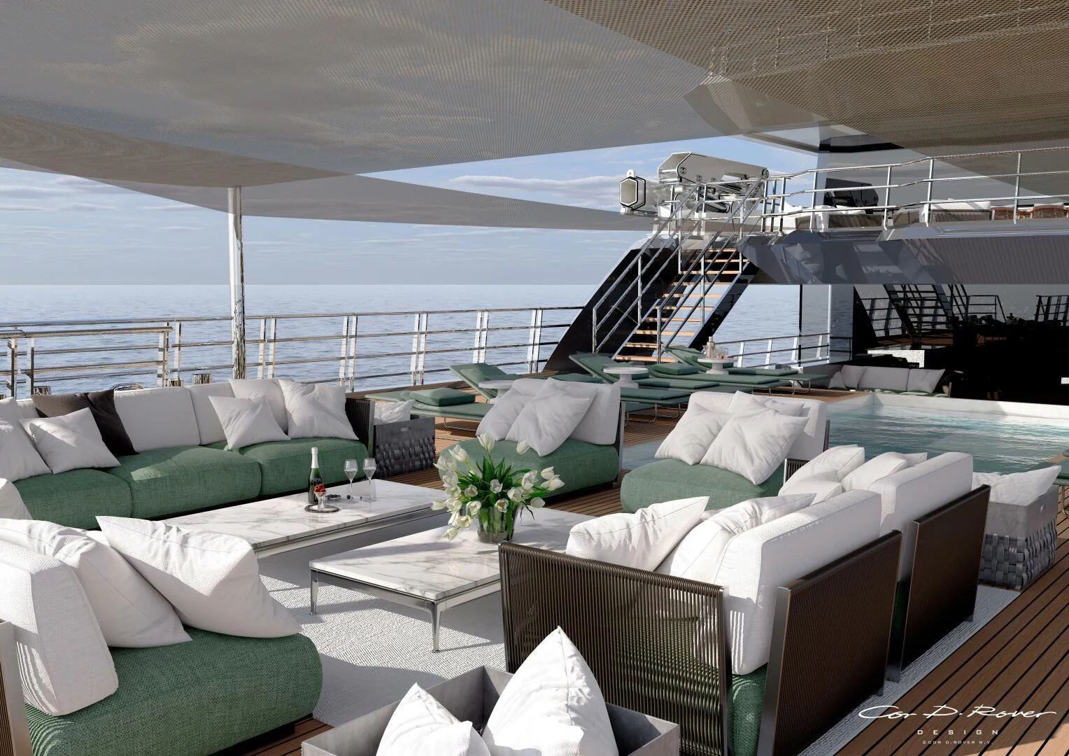 a boat with a couch and a table in the middle aboard HORIZON II Yacht for Sale