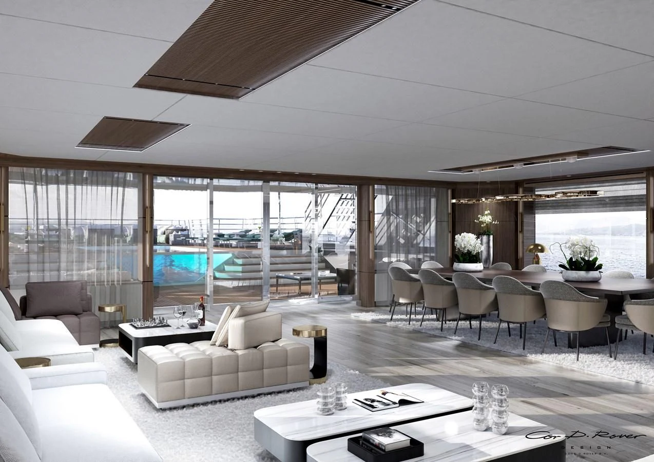 a living room with a large window aboard HORIZON II Yacht for Sale