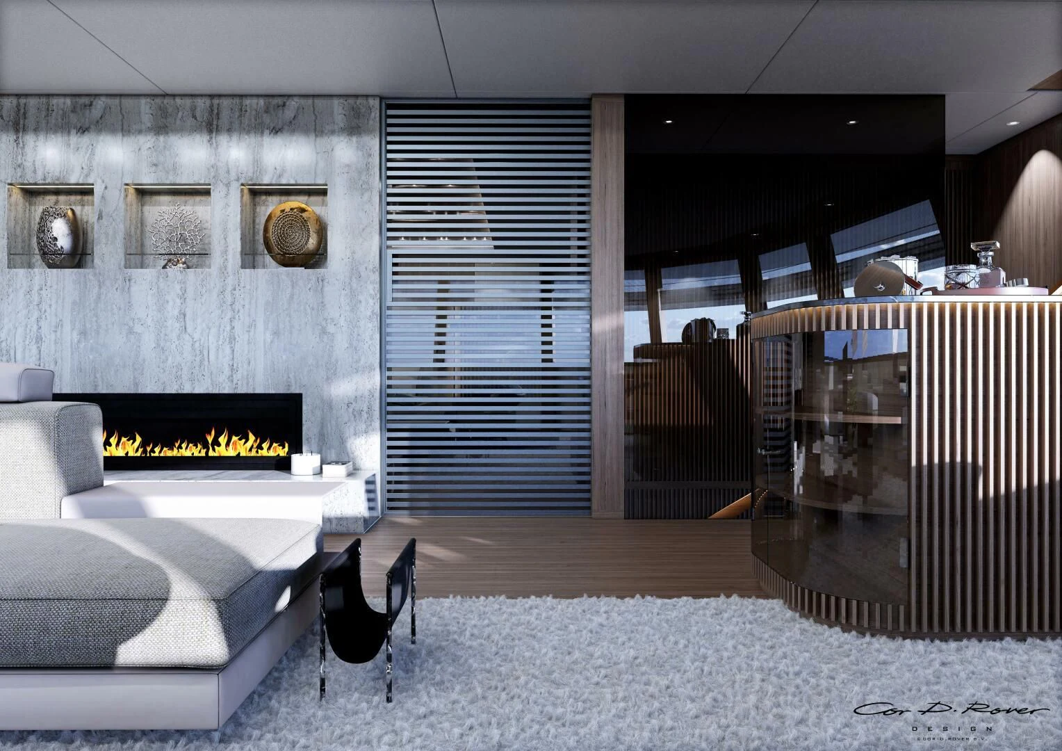 a room with a bed and a desk aboard HORIZON II Yacht for Sale