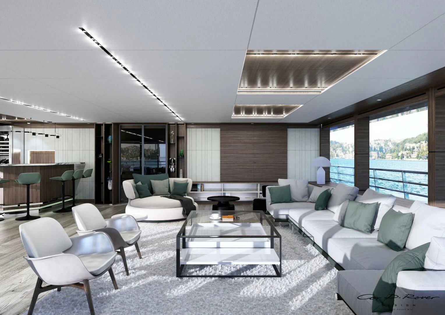 a living room with a large window aboard HORIZON II Yacht for Sale