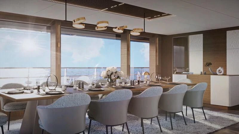 a large kitchen with a large window aboard HORIZON II Yacht for Sale