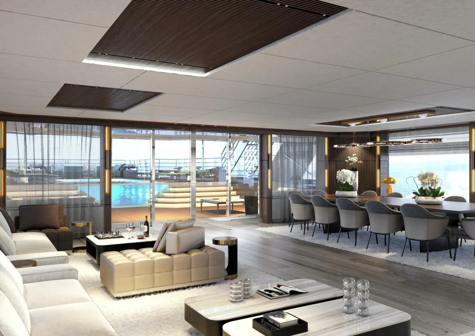 a living room with a large window aboard HORIZON II Yacht for Sale