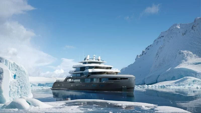 a boat on a snowy mountain aboard HORIZON II Yacht for Sale