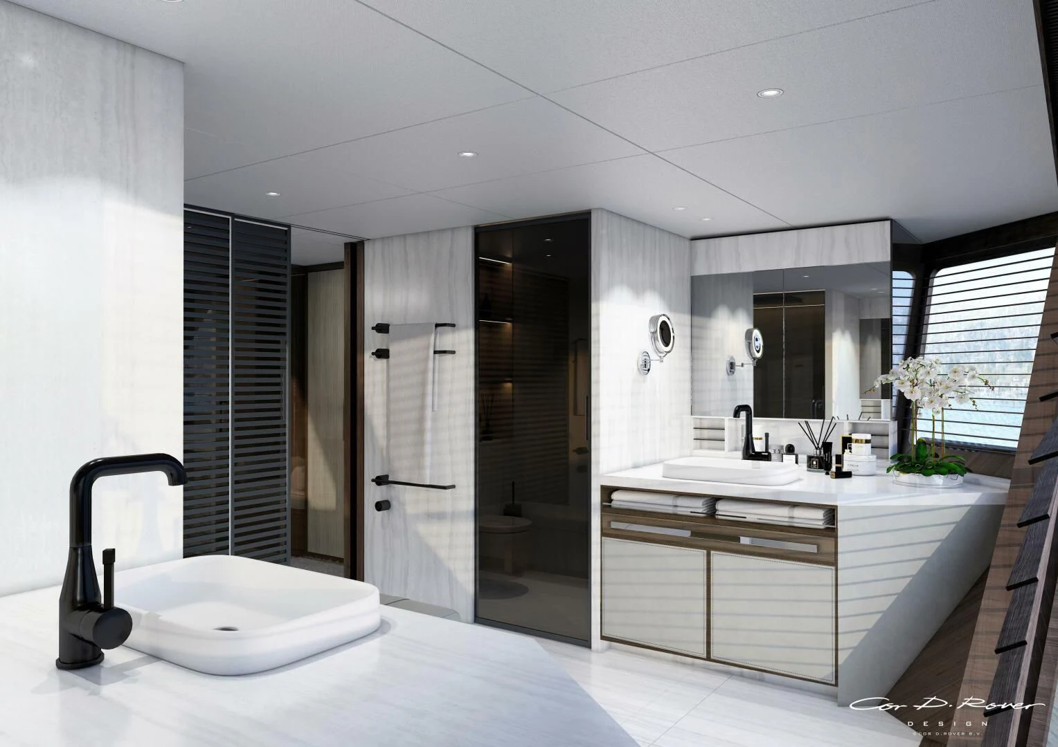 a bathroom with a sink and a shower aboard HORIZON II Yacht for Sale