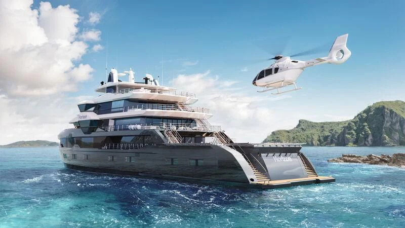 a boat with a plane flying over it aboard HORIZON II Yacht for Sale