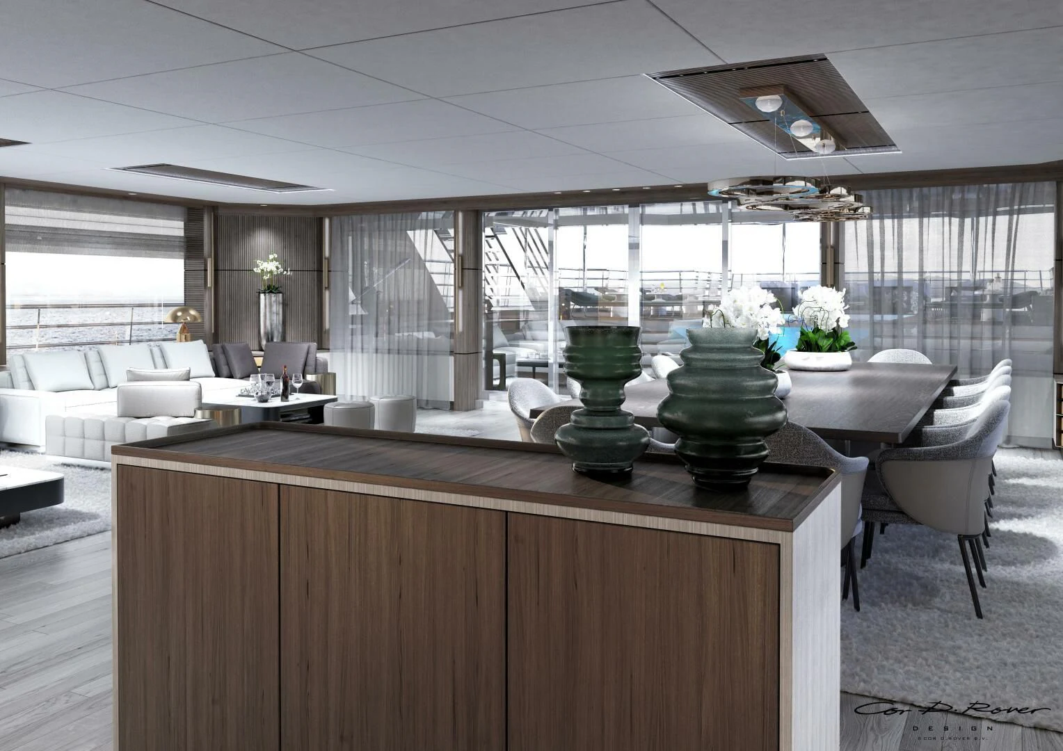 a room with a table chairs and a large window aboard HORIZON II Yacht for Sale