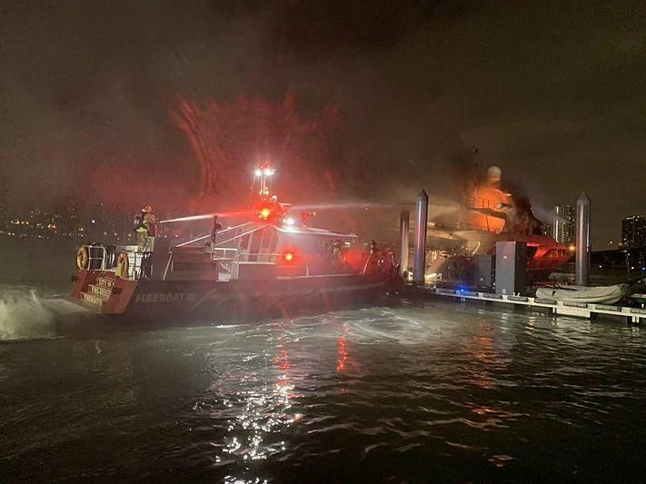 a large ship with fire and smoke coming out of it aboard ANDIAMO Yacht for Sale