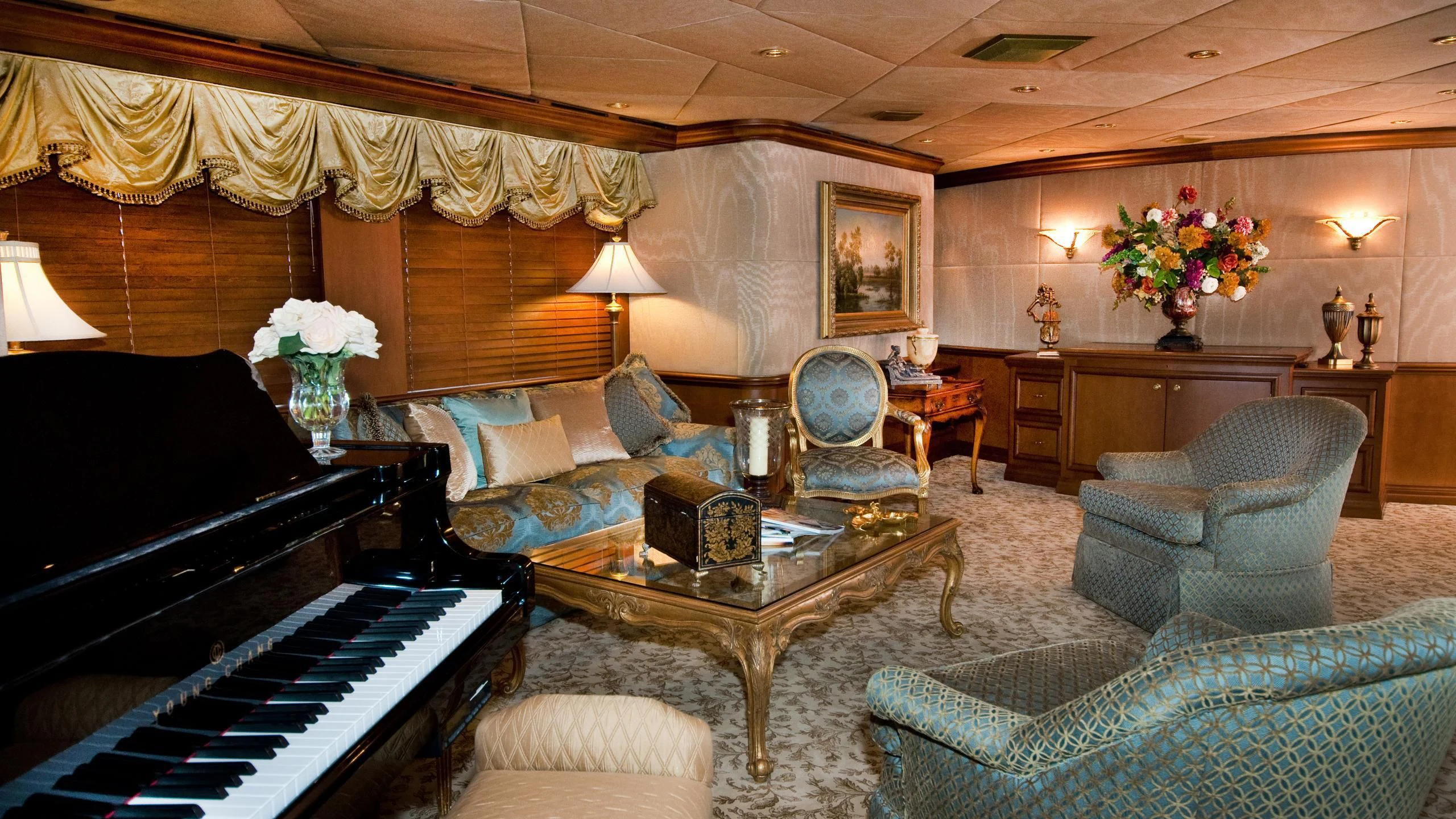 a living room with a piano and piano aboard M3 Yacht for Sale