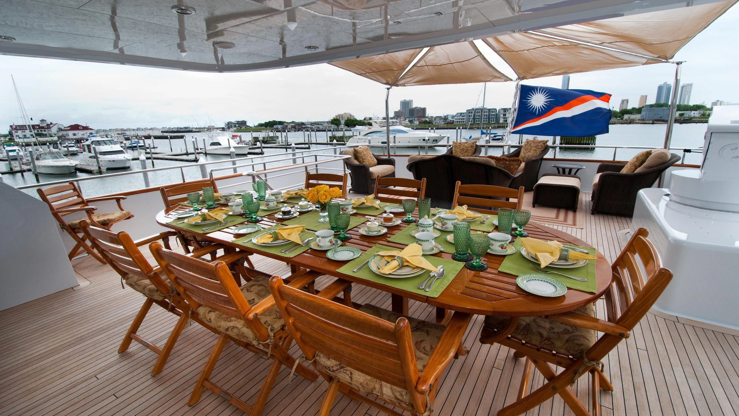 a table set for a meal aboard M3 Yacht for Sale