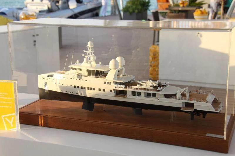 a model of a ship on display aboard UM ALHOUL Yacht for Sale