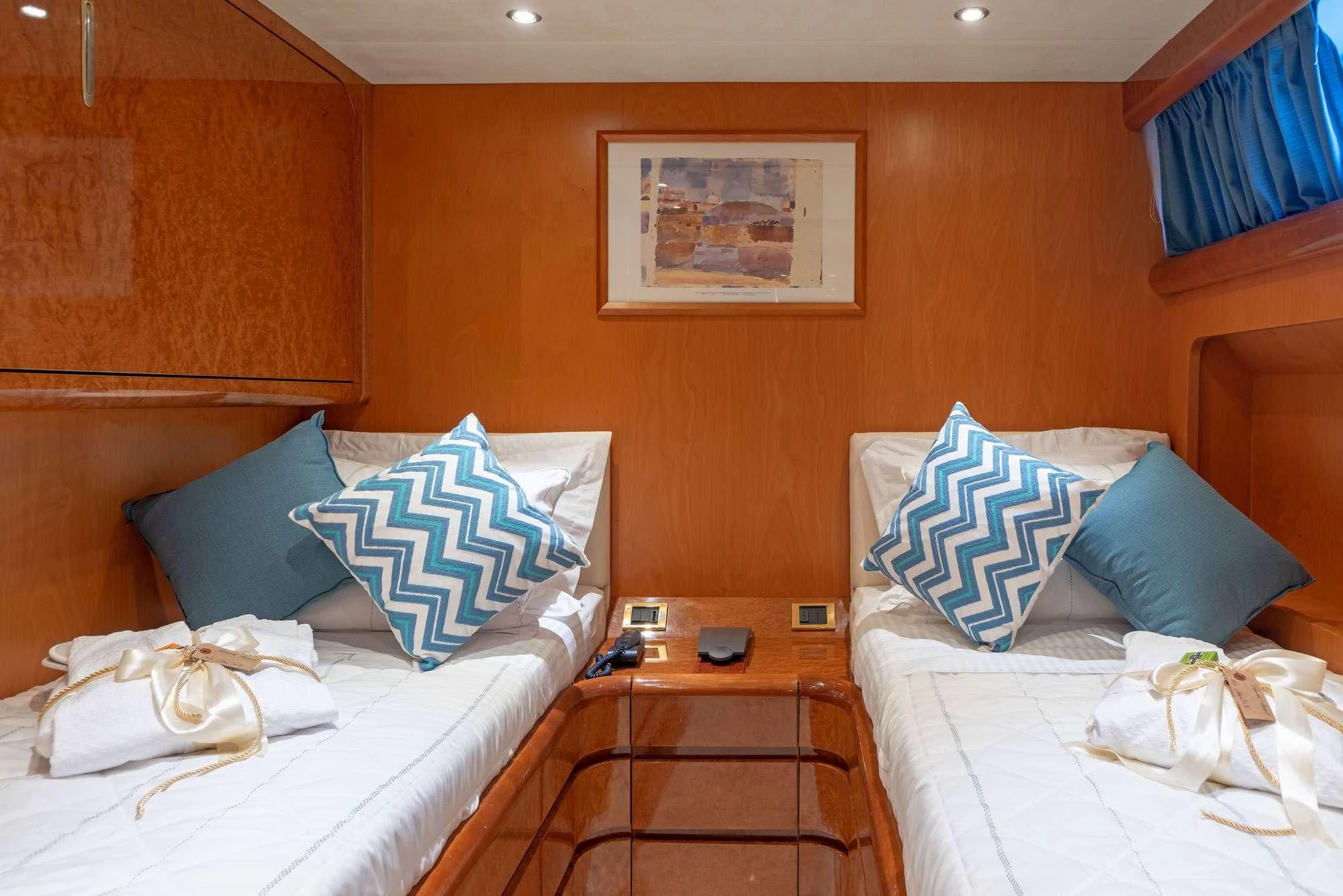 a hotel room with two beds aboard ALANDINI Yacht for Sale