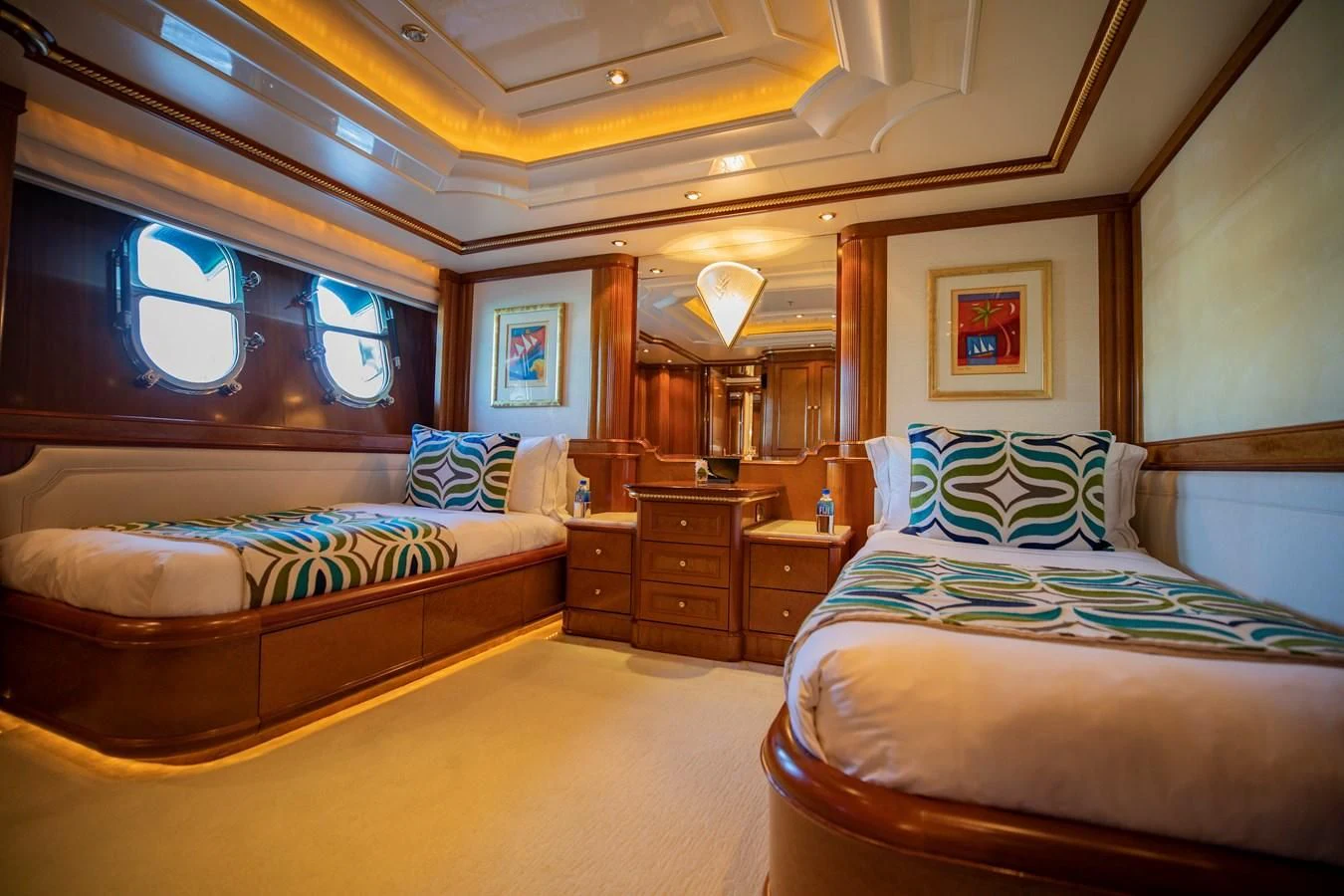 a room with two beds aboard NEXT CHAPTER Yacht for Sale