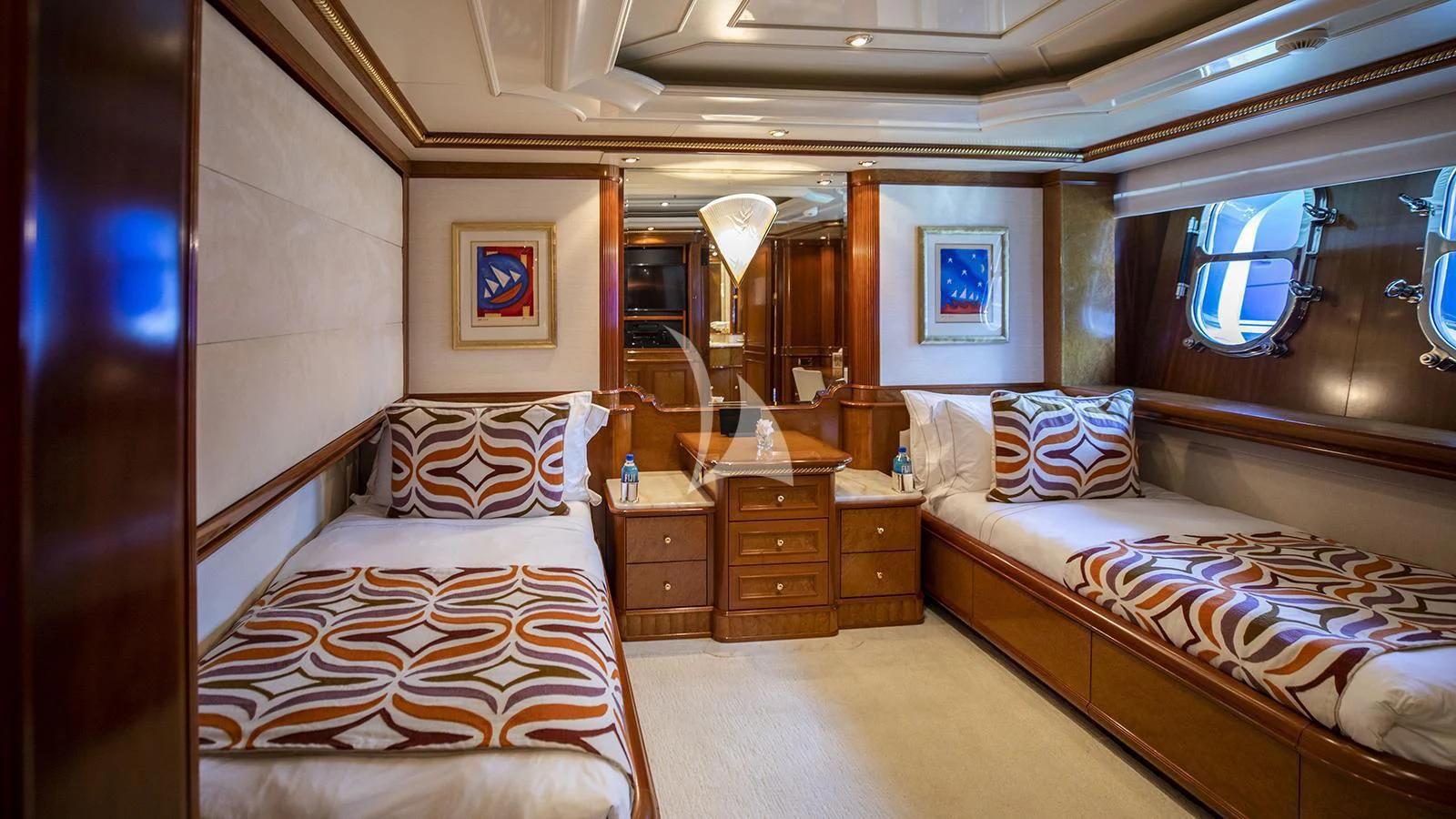 a room with two beds aboard NEXT CHAPTER Yacht for Sale
