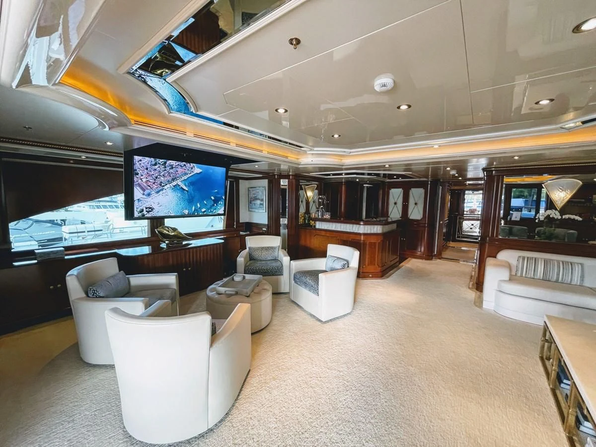 a large room with a large screen aboard NEXT CHAPTER Yacht for Sale