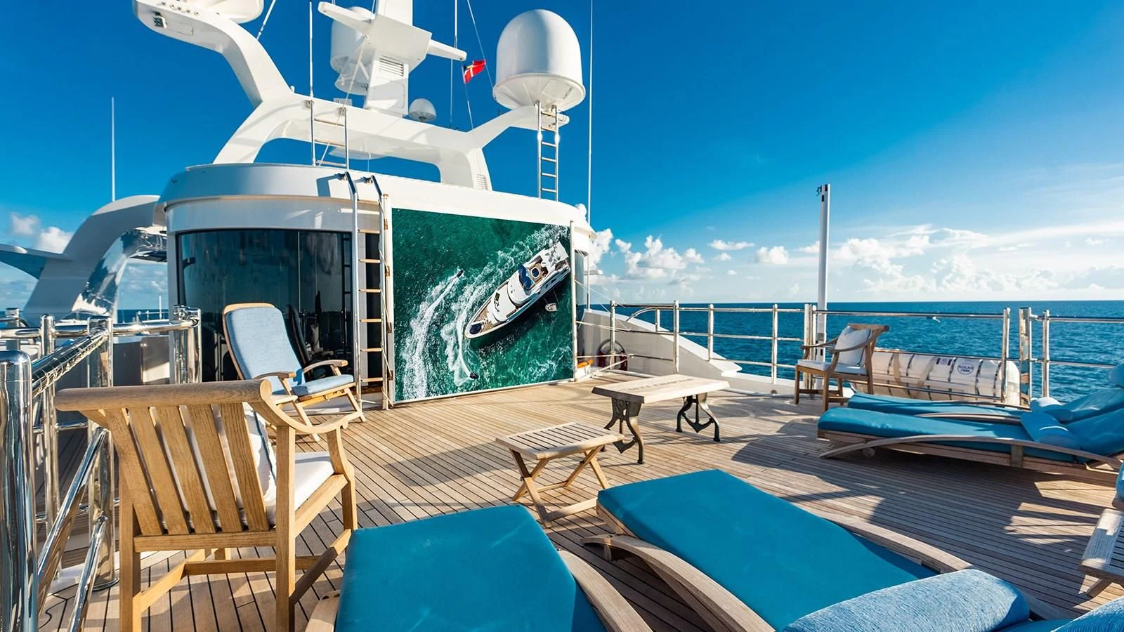 a boat on a deck aboard NEXT CHAPTER Yacht for Sale