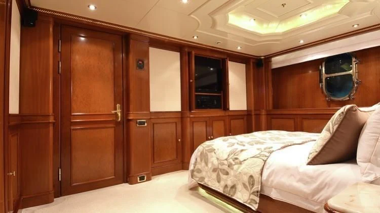 a bed in a room aboard NEXT CHAPTER Yacht for Sale