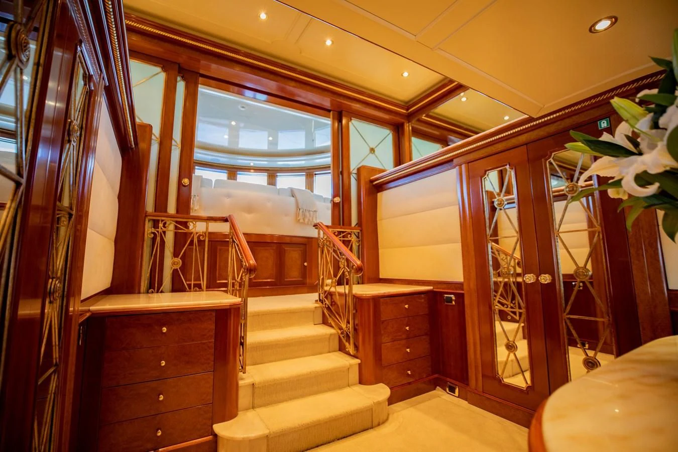 a room with wooden furniture aboard NEXT CHAPTER Yacht for Sale