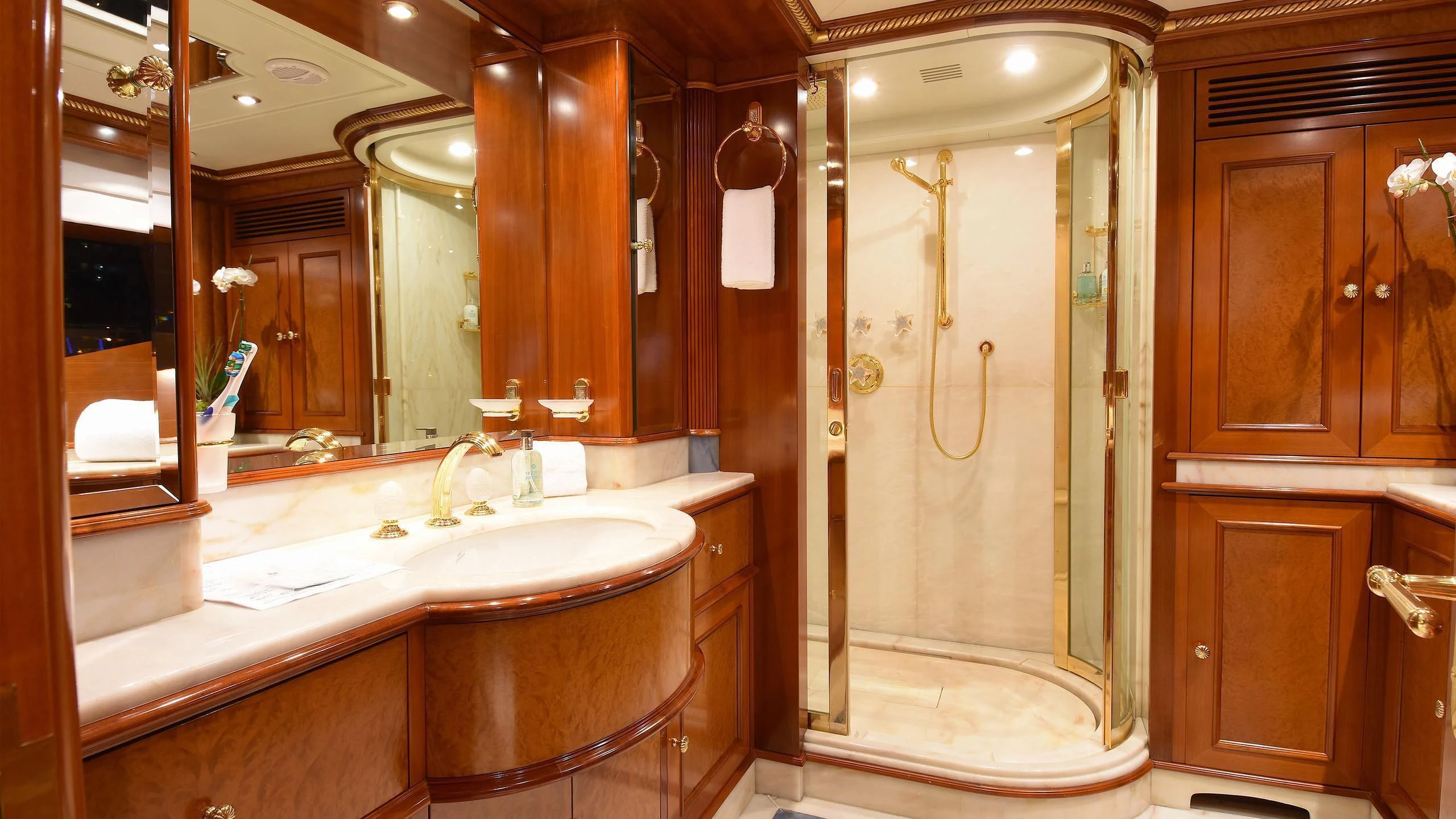 a bathroom with a large shower aboard NEXT CHAPTER Yacht for Sale