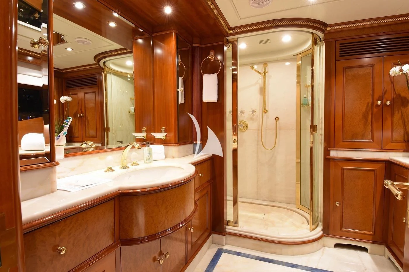 a bathroom with a large shower aboard NEXT CHAPTER Yacht for Sale