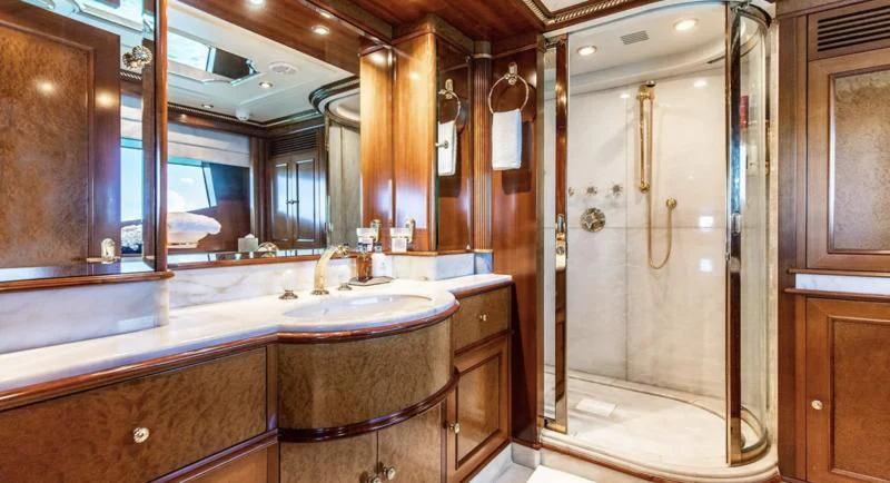 a bathroom with a large shower aboard NEXT CHAPTER Yacht for Sale