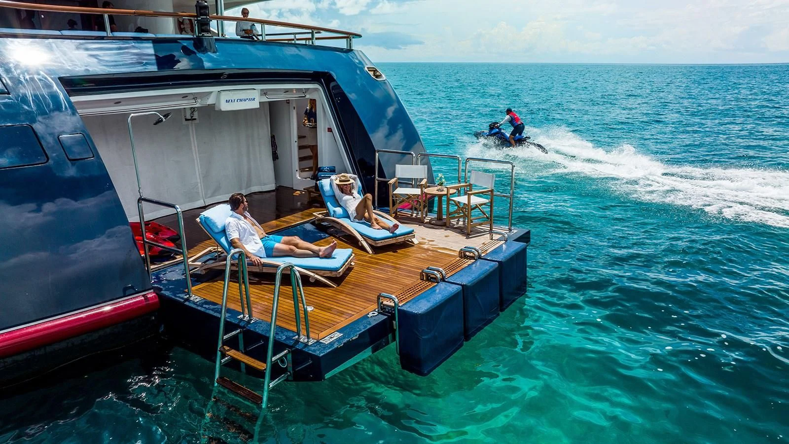a boat with people on it aboard NEXT CHAPTER Yacht for Sale