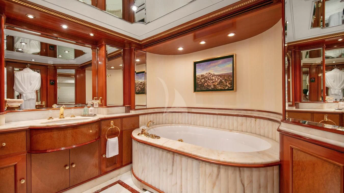 a large bathroom with a large bathtub aboard NEXT CHAPTER Yacht for Sale