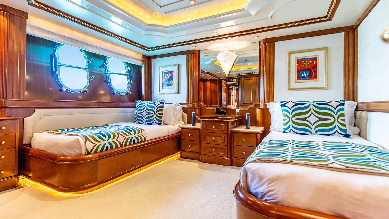 a room with two beds aboard NEXT CHAPTER Yacht for Sale
