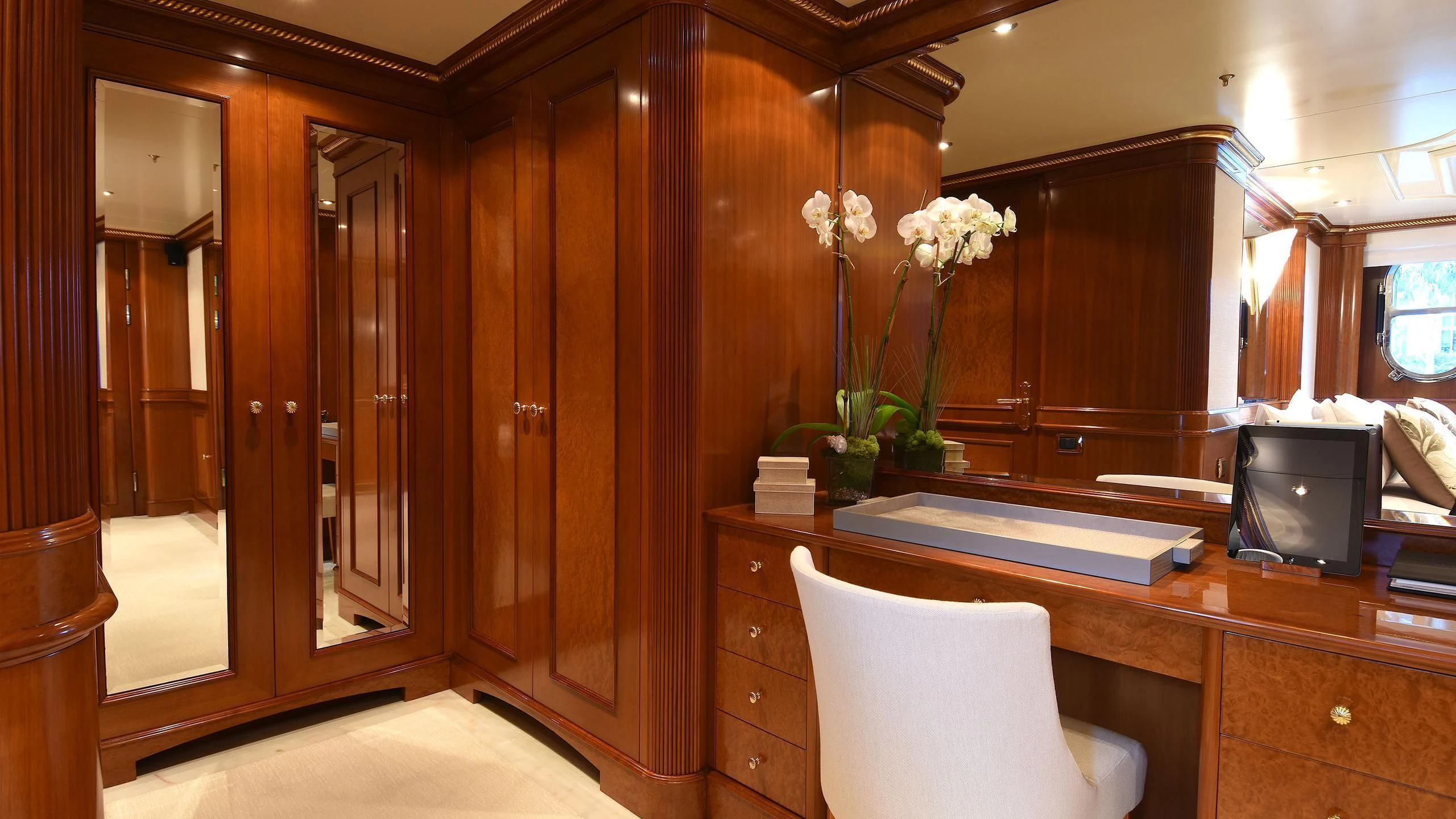 a room with a desk and a tv aboard NEXT CHAPTER Yacht for Sale