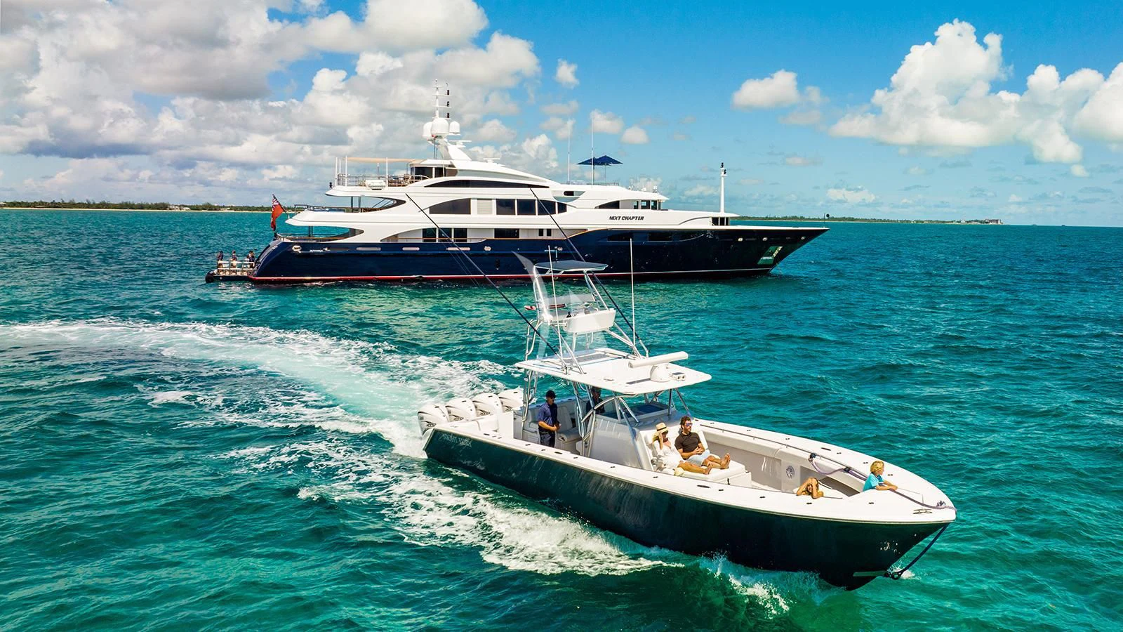 a boat with a boat in the water aboard NEXT CHAPTER Yacht for Sale